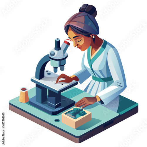 Indian female lab technician analyzing samples under microscope in laboratory