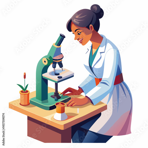 Indian female lab technician analyzing samples under microscope in laboratory