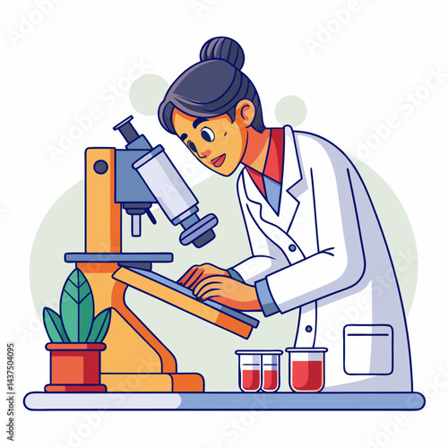 Minimalist line art of Indian female lab technician analyzing samples under microscope in laboratory