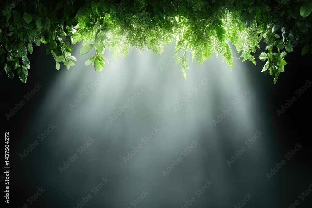 Fototapeta premium Sunlight filtering through lush foliage in a misty forest