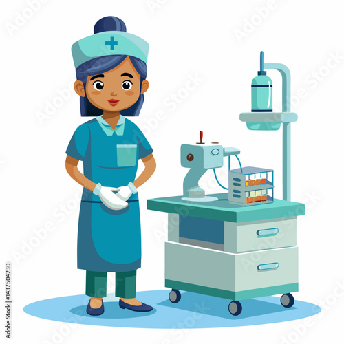 Indian anesthesiologist setting up anesthesia equipment