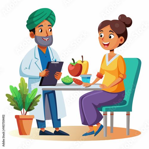Indian punjabi dietitian consulting with a patient, discussing nutrition plan and health goals.