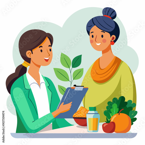 Indian female dietitian consulting with a patient, discussing nutrition plan and health goals.