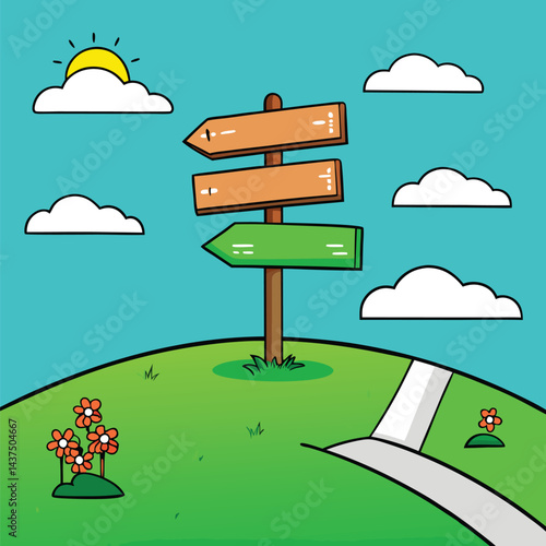 Sunny hilltop with directional signs