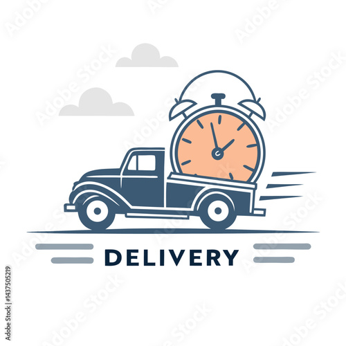 Flat Design of Truck Carries Big Clock with Clouds on White Background Icon Style