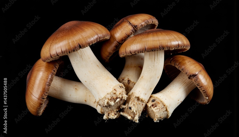 Brown mushrooms arranged on a black background Brown mushrooms arranged on a black background