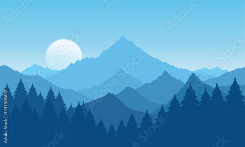 Vector blue mountain landscape with clear sky, sunset behind the mountains and silhouettes of trees and calm lake water
