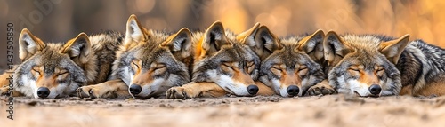 Wallpaper Mural Pack of sleeping wolves resting on a sand with blurred golden vegetation on background Torontodigital.ca