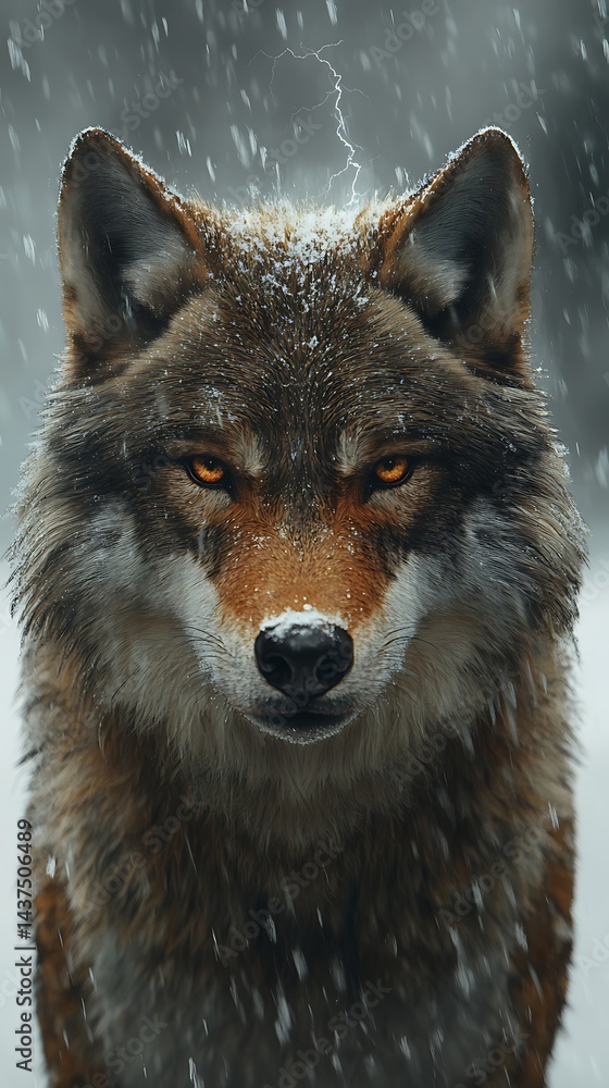 Intense wolf stares during a snowstorm with lightning illuminating the forest in the background Intense wolf stares during a snowstorm with lightning illuminating the forest in the background