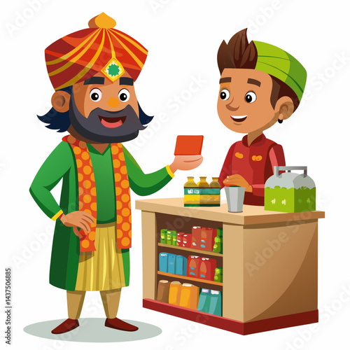 Traditional Indian Salesperson discussing product features with customer in retail store.