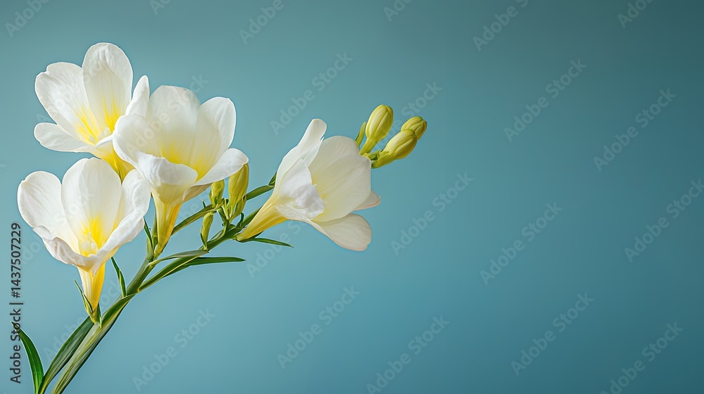 Fototapeta premium Elegant white freesias gracefully bloom against a serene blue backdrop, creating a calming minimalist floral composition