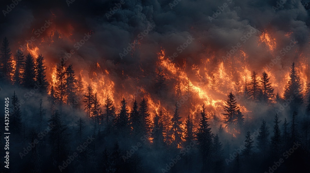A forest engulfed in flames, with smoke swirling around darkened trees. A forest engulfed in flames, with smoke swirling around darkened trees.
