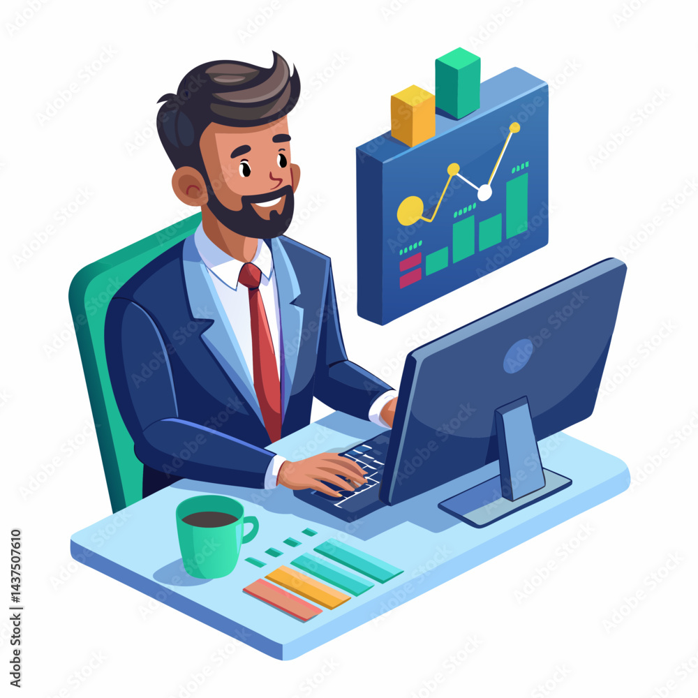 Fototapeta premium Indian research analyst examining data on computer screen in modern office workspace