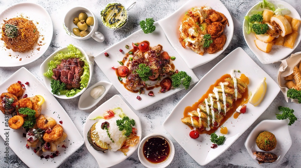 Assorted International Dishes on White Plates Arranged Artistically Assorted International Dishes on White Plates Arranged Artistically