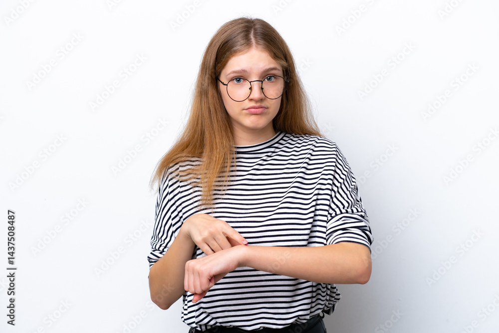 Teenager Russian girl isolated on white background making the gesture of being late Teenager Russian girl isolated on white background making the gesture of being late