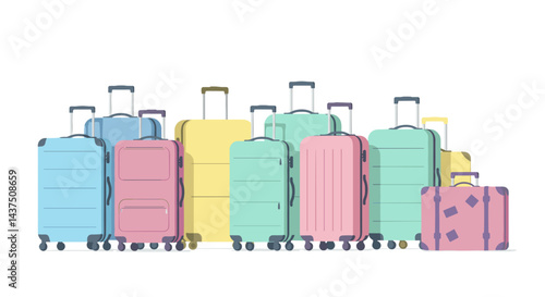 Colorful luggage collection stacked together on a white background , for travel agencies, articles about travel, for reservation sites