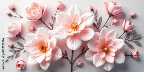 A Delicate Arrangement of Pastel Pink Blossoms and Buds, a Stunning Floral Composition Featuring Intricate Petals and Soft Hues, Exuding Elegance and Serenity