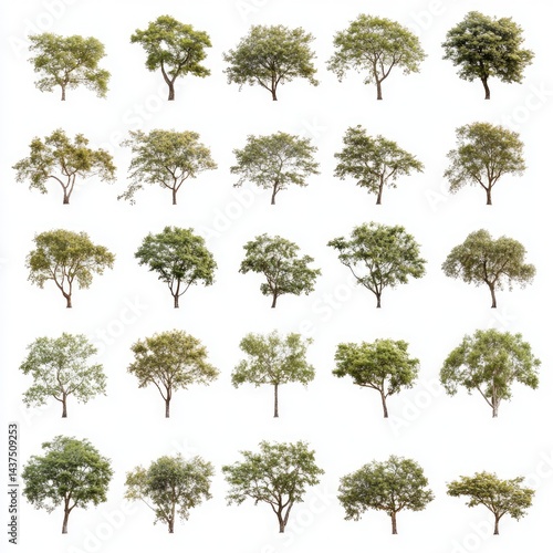 Collection of isolated trees  Various treetops and trunks, different shades of green foliage, displayed against a white background for design use