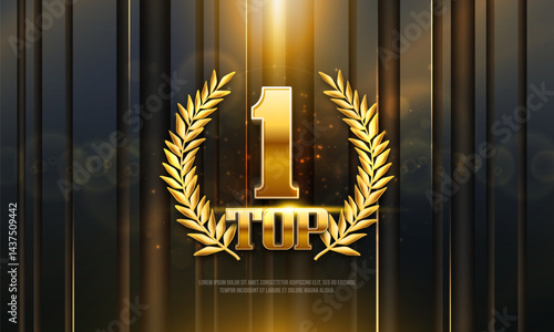 Top 1 award poster. Presentation with golden laurel wreath and bokeh effect. Vector illustration.