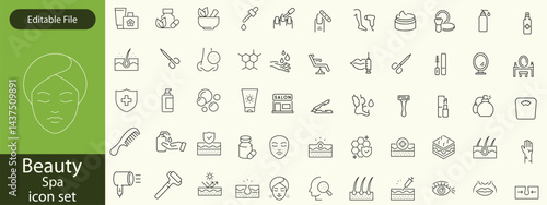 Beauty and Spa set of web icons in line style. Cosmetics services & Spa icons for web and mobile app. Spa treatments, skin care, massage, hyaluronic acid, serum, anti ageing, pore tighten, cosmetology