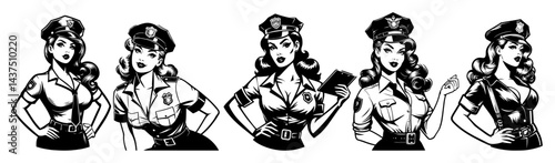 pinup female police officers vintage black and white vector illustrations