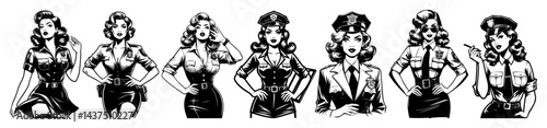 vintage pinup police officer woman black and white vector illustration