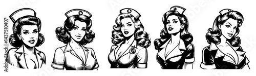 retro pinup nurse woman vintage black and white vector illustration