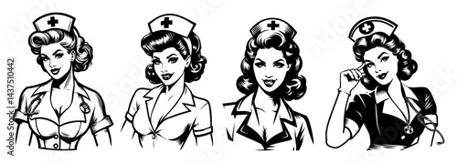 vintage pinup nurse woman black and white vector illustration