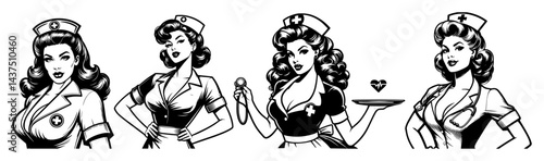 vintage pinup nurse woman black and white vector illustration