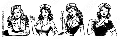 retro pinup nurse woman vintage black and white vector illustration