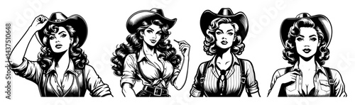 retro cowgirl women wild west portraits vintage black and white vector illustrations