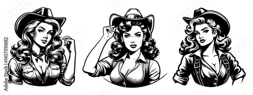 retro cowgirl women stylish wild west vintage black and white vector illustrations