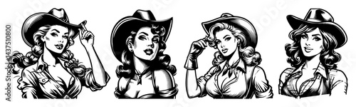 retro cowgirl women stylish wild west vintage black and white vector illustrations
