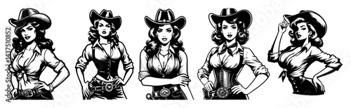 retro cowgirl women posing wild west vintage black and white vector illustrations