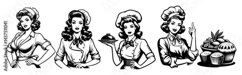 retro cooking women vintage chefs black and white vector illustrations