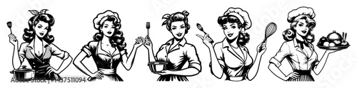 retro cooking women with kitchen utensils vintage black and white vector illustrations