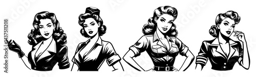 retro pinup women portraits vintage black and white vector illustrations
