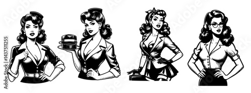 retro pinup women with food and fashion vintage black and white vector illustrations