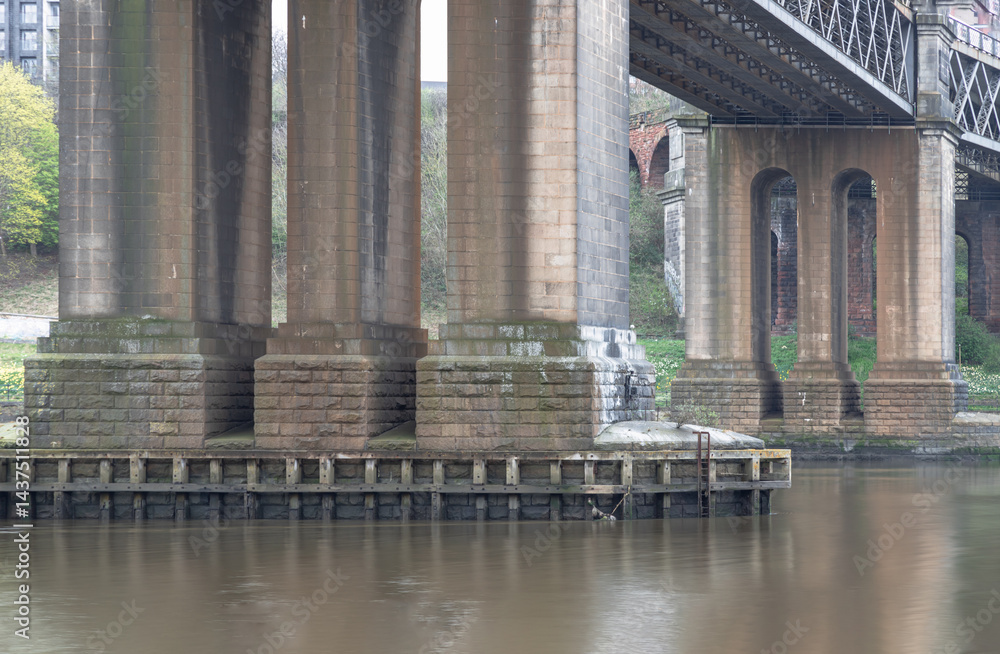 Foundation pillars abutment and Steel truss construction of The King Edward VII Bridge (Railway viaduct) is a railway bridge spanning the River Tyne between Newcastle upon tyne and Gateshead in Eng.
