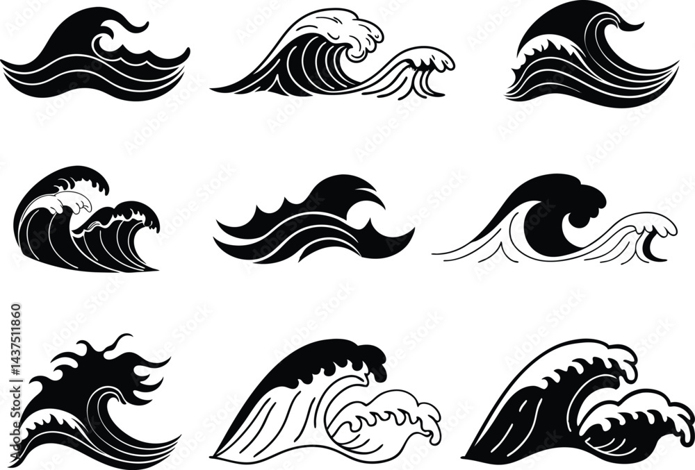 Obraz premium collection of sea wave silhouette vector.