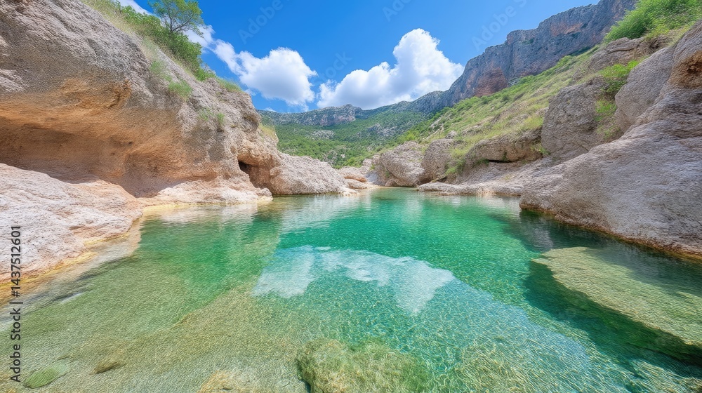 Obraz premium Crystal-clear pool nestled in a rocky canyon, surrounded by lush greenery and mountains under a vibrant blue sky