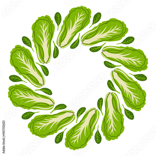 Round frame of Chinese cabbage and spinach on a white background. Food illustration, healthy eating.
