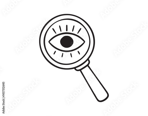 Magnifier with eye icon doodle hand drawn. Outline search vision concept line drawing clipart symbol