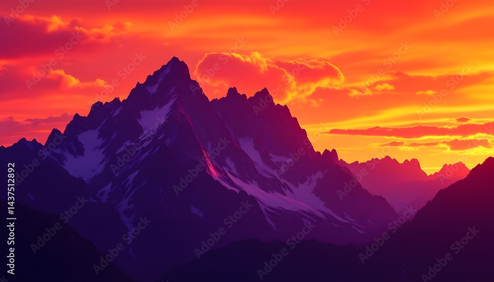 Obraz premium Mountains Silhouette Against Dramatic Sunset Sky with Vibrant Colors