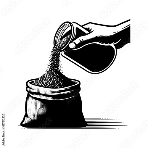 Hand Pouring Grains into Sack Vintage Black and White Illustration