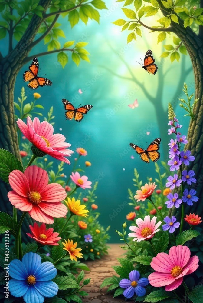 Vibrant Butterfly Garden Path A whimsical illustration of colorful flowers and butterflies along a sunlit woodland trail, creating a serene and enchanting natural scene. Vibrant Butterfly Garden Path A whimsical illustration of colorful flowers and butterflies along a sunlit woodland trail, creating a serene and enchanting natural scene.