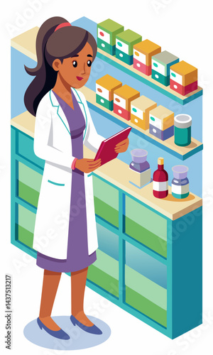 Farmacéutica revisando recetas y asegurando la disponibilidad de medicamentos en una farmacia bien organizada.