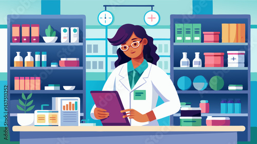 Farmacéutica revisando recetas y asegurando la disponibilidad de medicamentos en una farmacia bien organizada.