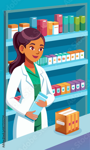 Farmacéutica revisando recetas y asegurando la disponibilidad de medicamentos en una farmacia bien organizada.