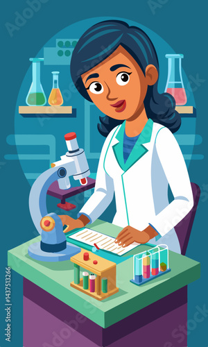 Técnica médica examinando muestras de sangre en el laboratorio. Científica joven que utiliza un microscopio para analizar muestras biológicas en investigación médica.